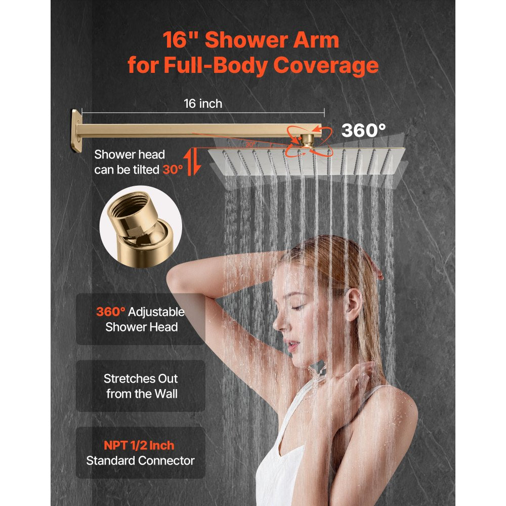 VEVOR Shower Faucet Set, Rainfall Bathroom Shower System with 12-Inch Square Rain Shower Head and Handheld Spray, Wall Mounted Bath Fixtures with Brass Valve and Trim Kit, Brushed Gold