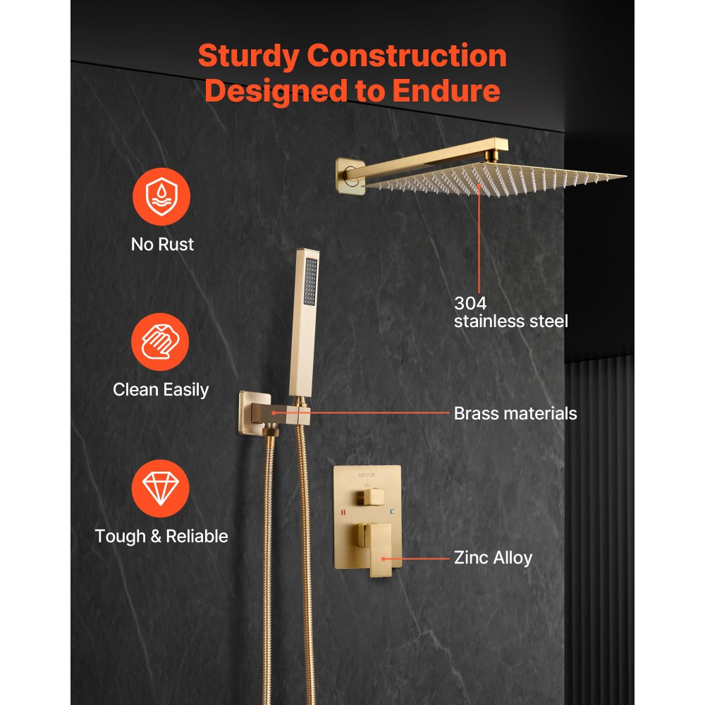 VEVOR Shower Faucet Set, Rainfall Bathroom Shower System with 12-Inch Square Rain Shower Head and Handheld Spray, Wall Mounted Bath Fixtures with Brass Valve and Trim Kit, Brushed Gold