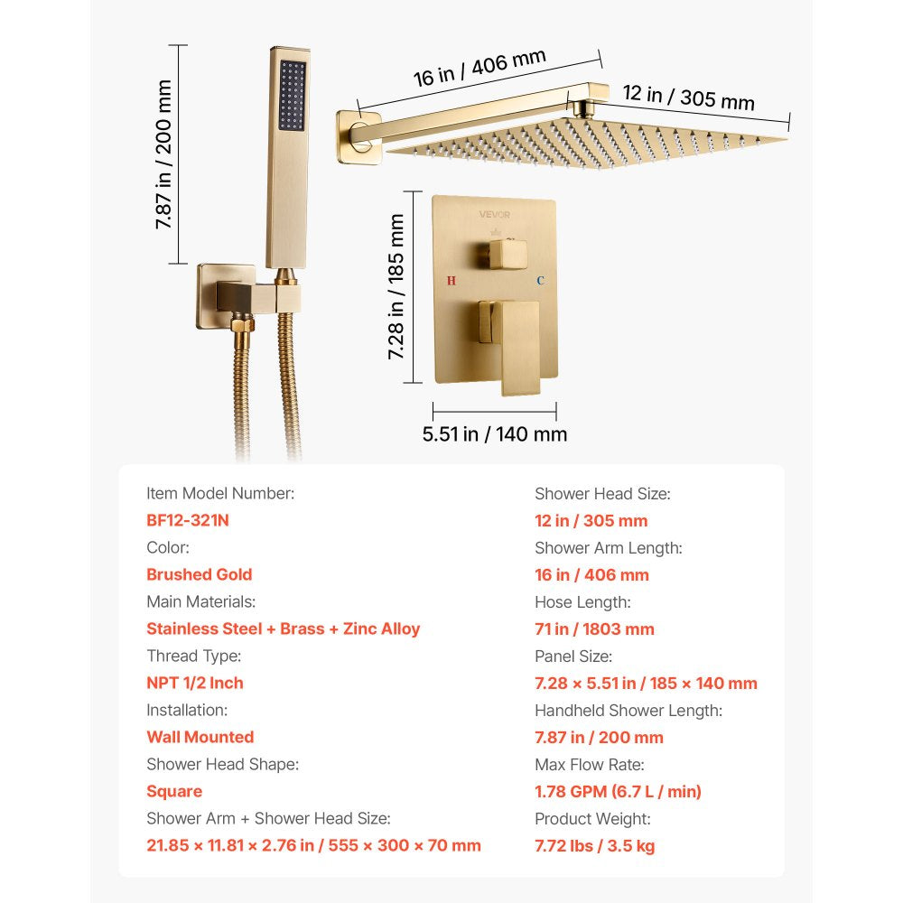 VEVOR Shower Faucet Set, Rainfall Bathroom Shower System with 12-Inch Square Rain Shower Head and Handheld Spray, Wall Mounted Bath Fixtures with Brass Valve and Trim Kit, Brushed Gold