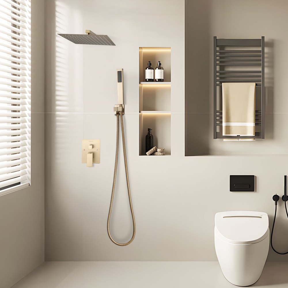 VEVOR Shower Faucet Set, Rainfall Bathroom Shower System with 12-Inch Square Rain Shower Head and Handheld Spray, Wall Mounted Bath Fixtures with Brass Valve and Trim Kit, Brushed Gold