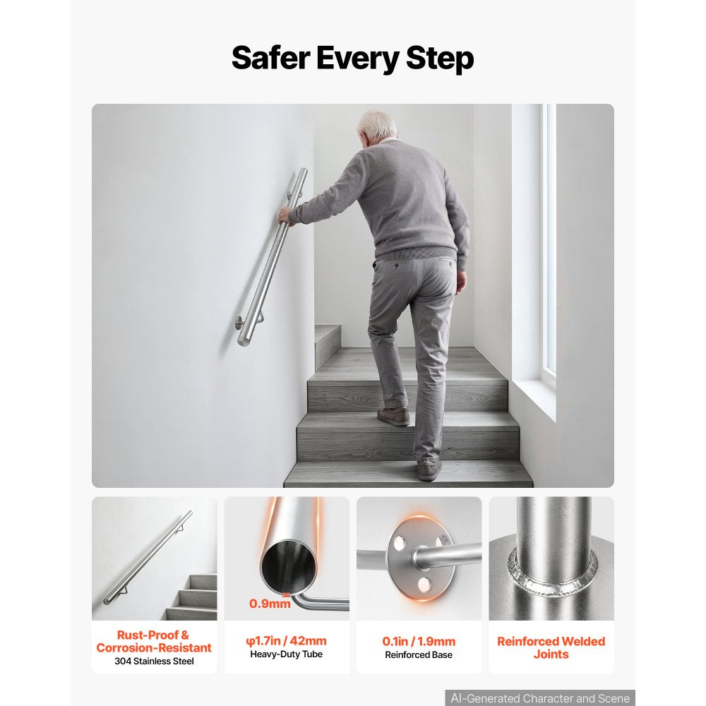 VEVOR Wall-Mounted Stair Handrail, 3.9 ft 250 lbs Load Metal Railing Silver, for Indoor Steps, Loft, Porch & Hallways, Heavy-Duty Industrial Stainless Steel Hand Rail, Round Tube, Mounting Hardware