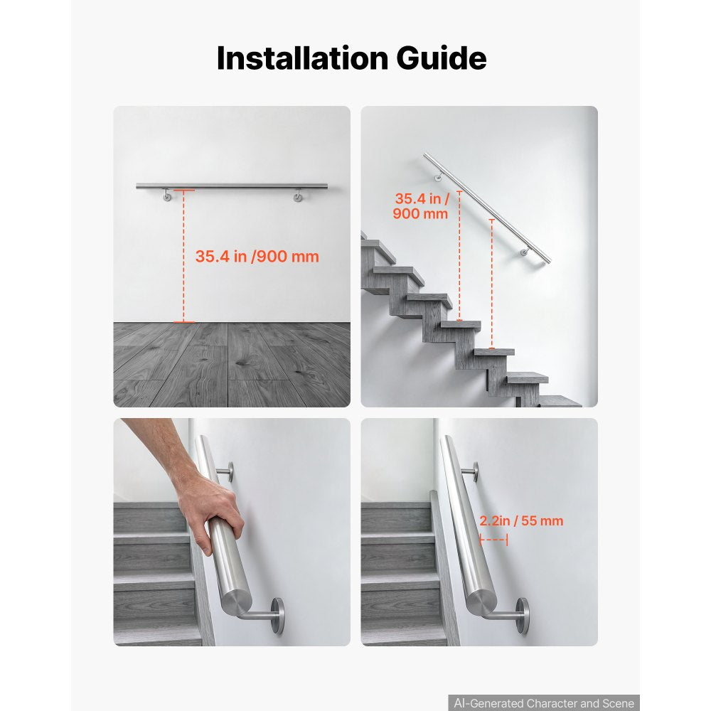VEVOR Wall-Mounted Stair Handrail, 3.9 ft 250 lbs Load Metal Railing Silver, for Indoor Steps, Loft, Porch & Hallways, Heavy-Duty Industrial Stainless Steel Hand Rail, Round Tube, Mounting Hardware