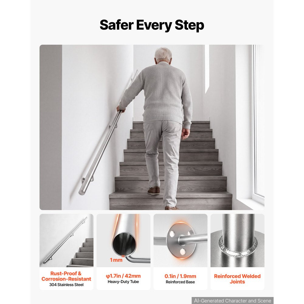 VEVOR Wall-Mounted Stair Handrail, 6.5 ft 250 lbs Load Metal Railing Silver, for Indoor Steps, Loft, Porch & Hallways, Heavy-Duty Industrial Stainless Steel Hand Rail, Round Tube, Mounting Hardware