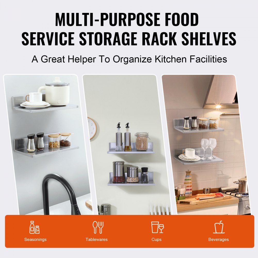 VEVOR 8.6" x 16" -2 Pack Stainless Steel Shelf, Wall Mounted Floating Shelving with Backsplash, 44 lbs Load Capacity Commercial Shelves, Heavy Duty Storage Rack for Restaurant, Kitchen, Bar, Home, and Hotel