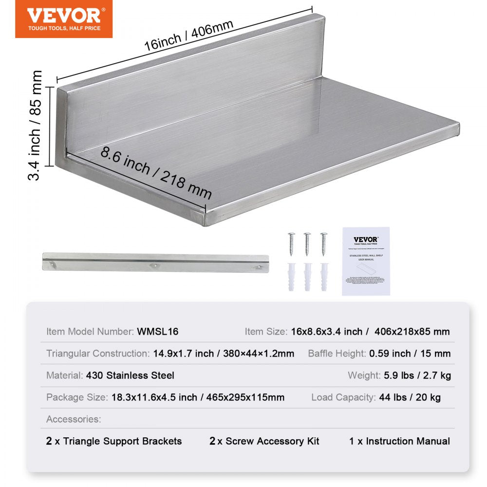 VEVOR 8.6" x 16" -2 Pack Stainless Steel Shelf, Wall Mounted Floating Shelving with Backsplash, 44 lbs Load Capacity Commercial Shelves, Heavy Duty Storage Rack for Restaurant, Kitchen, Bar, Home, and Hotel