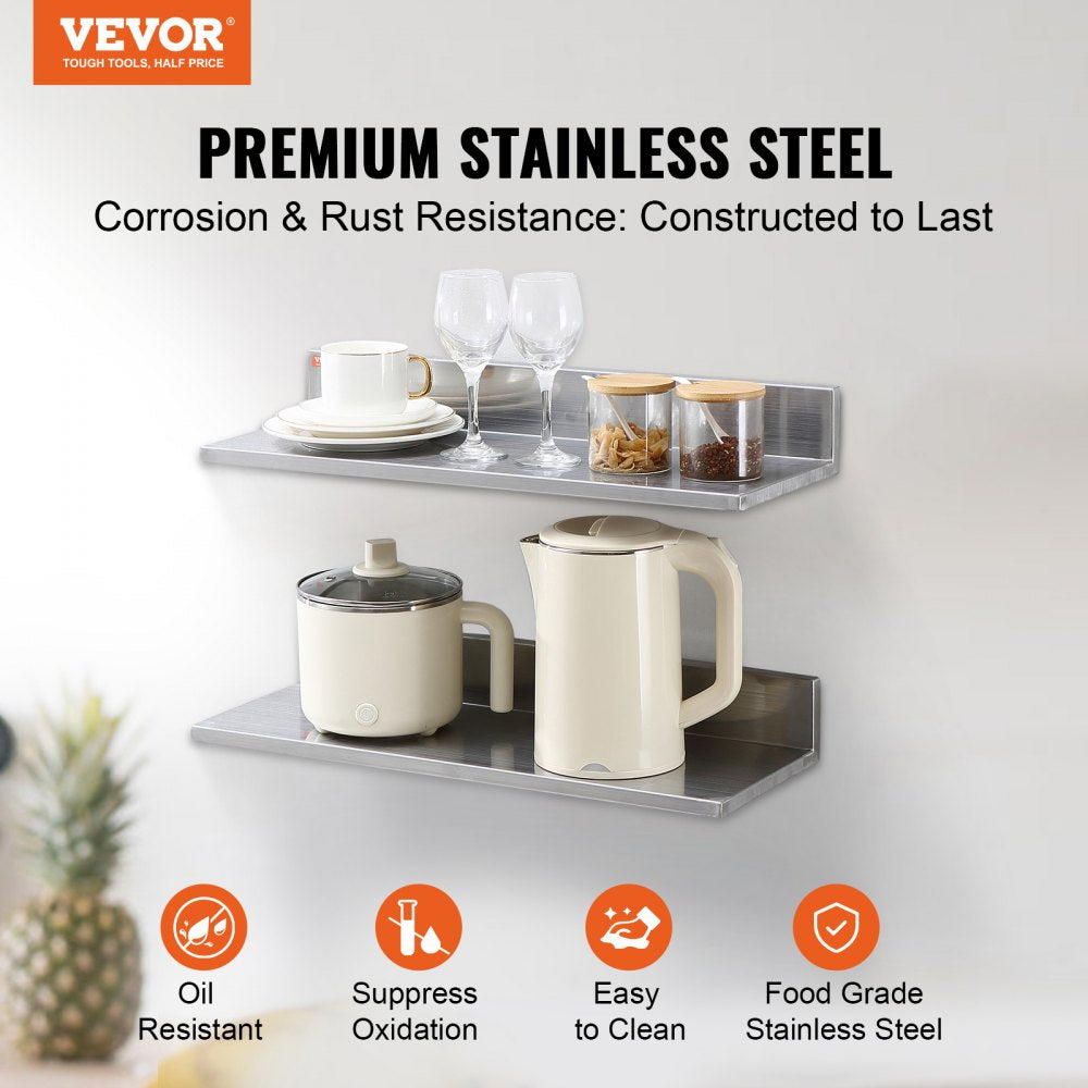VEVOR 8.6" x 24" -2 Pack Stainless Steel Shelf, Wall Mounted Floating Shelving with Backsplash, 44 lbs Load Capacity Commercial Shelves, Heavy Duty Storage Rack for Restaurant, Kitchen, Bar, Home, and Hotel