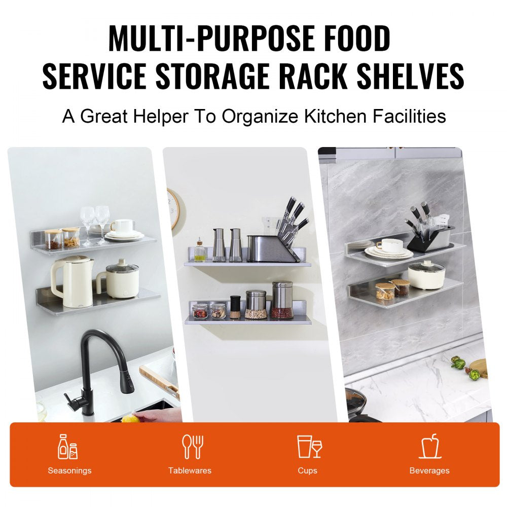 VEVOR 8.6" x 24" -2 Pack Stainless Steel Shelf, Wall Mounted Floating Shelving with Backsplash, 44 lbs Load Capacity Commercial Shelves, Heavy Duty Storage Rack for Restaurant, Kitchen, Bar, Home, and Hotel