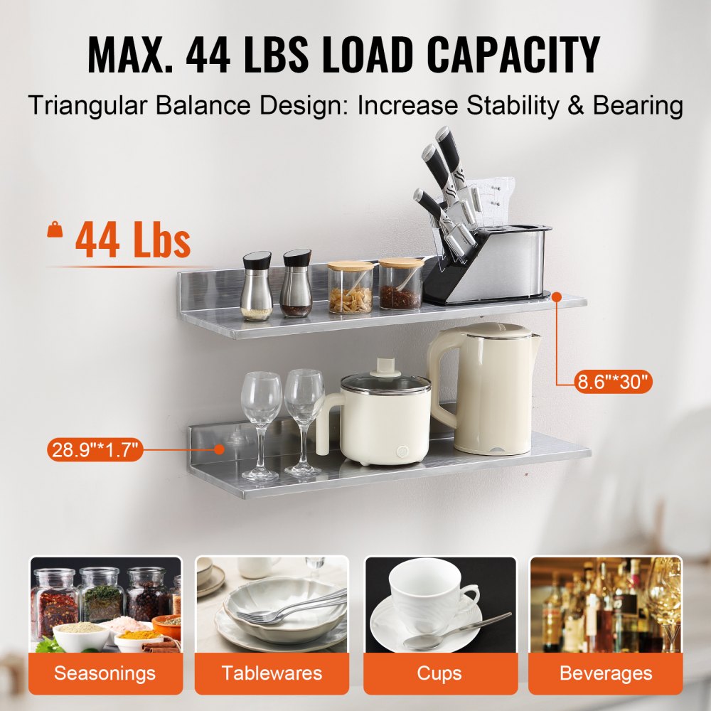 VEVOR 8.6" x 30" -2 Pack Stainless Steel Shelf, Wall Mounted Floating Shelving with Backsplash, 44 lbs Load Capacity Commercial Shelves, Heavy Duty Storage Rack for Restaurant, Kitchen, Bar, Home, and Hotel