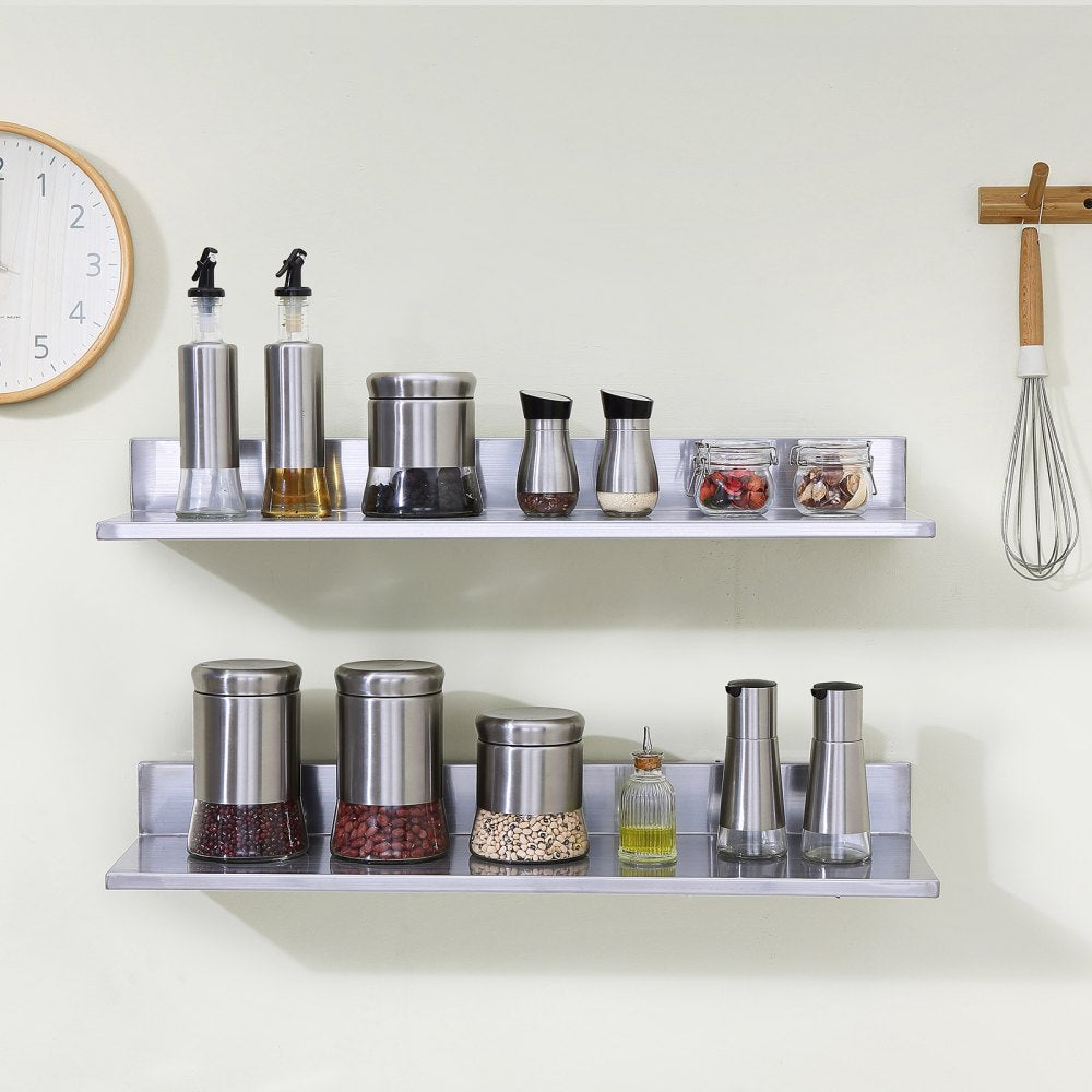 VEVOR 8.6" x 30" -2 Pack Stainless Steel Shelf, Wall Mounted Floating Shelving with Backsplash, 44 lbs Load Capacity Commercial Shelves, Heavy Duty Storage Rack for Restaurant, Kitchen, Bar, Home, and Hotel