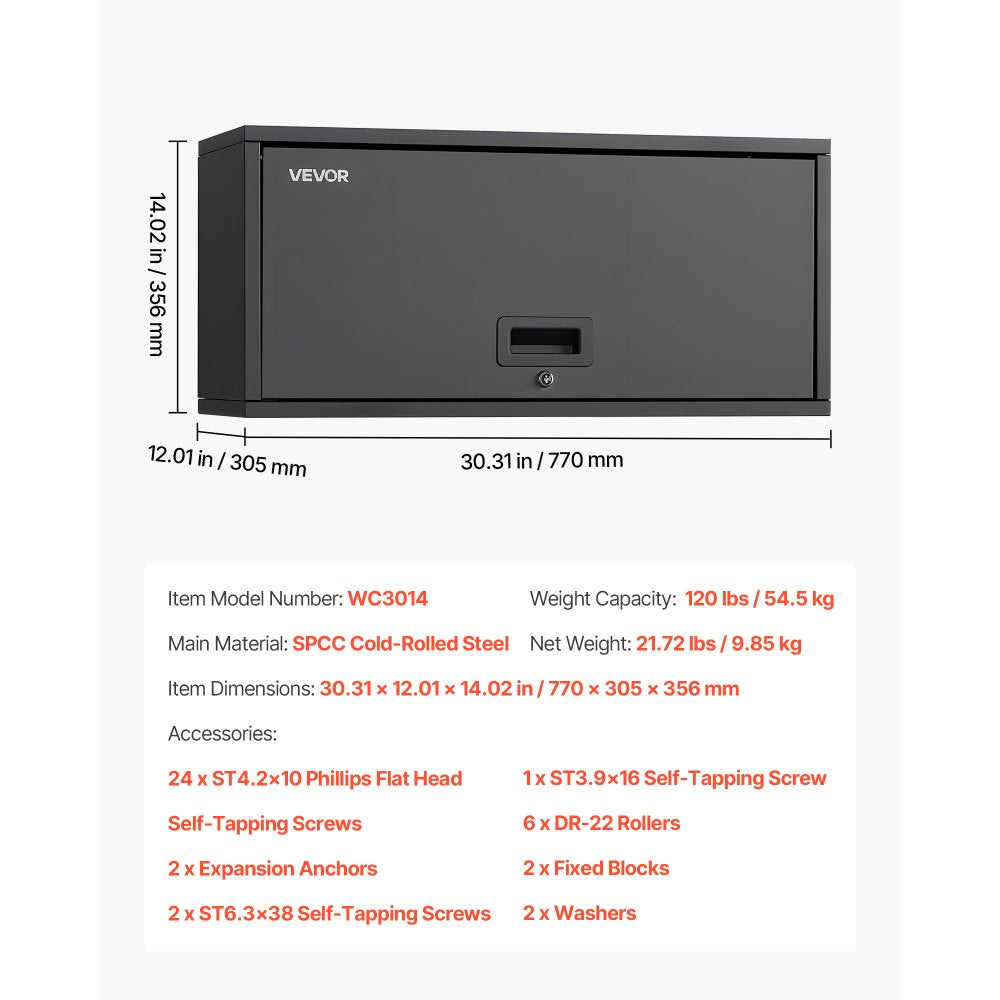 VEVOR Metal Wall Cabinet, 27.56W x 12.01D x 14.02H Inch, Floating Garage Tool Cabinet with Up-Flip Door, 120 lbs Load per Shelf, Fit for Garage, Basement, Kitchen, Warehouse, Assembly Required