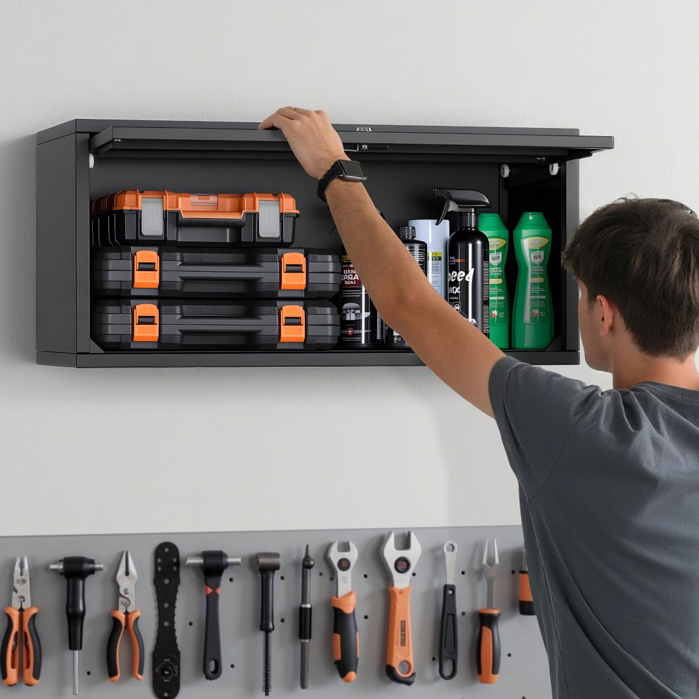 VEVOR Metal Wall Cabinet, 27.56W x 12.01D x 14.02H Inch, Floating Garage Tool Cabinet with Up-Flip Door, 120 lbs Load per Shelf, Fit for Garage, Basement, Kitchen, Warehouse, Assembly Required