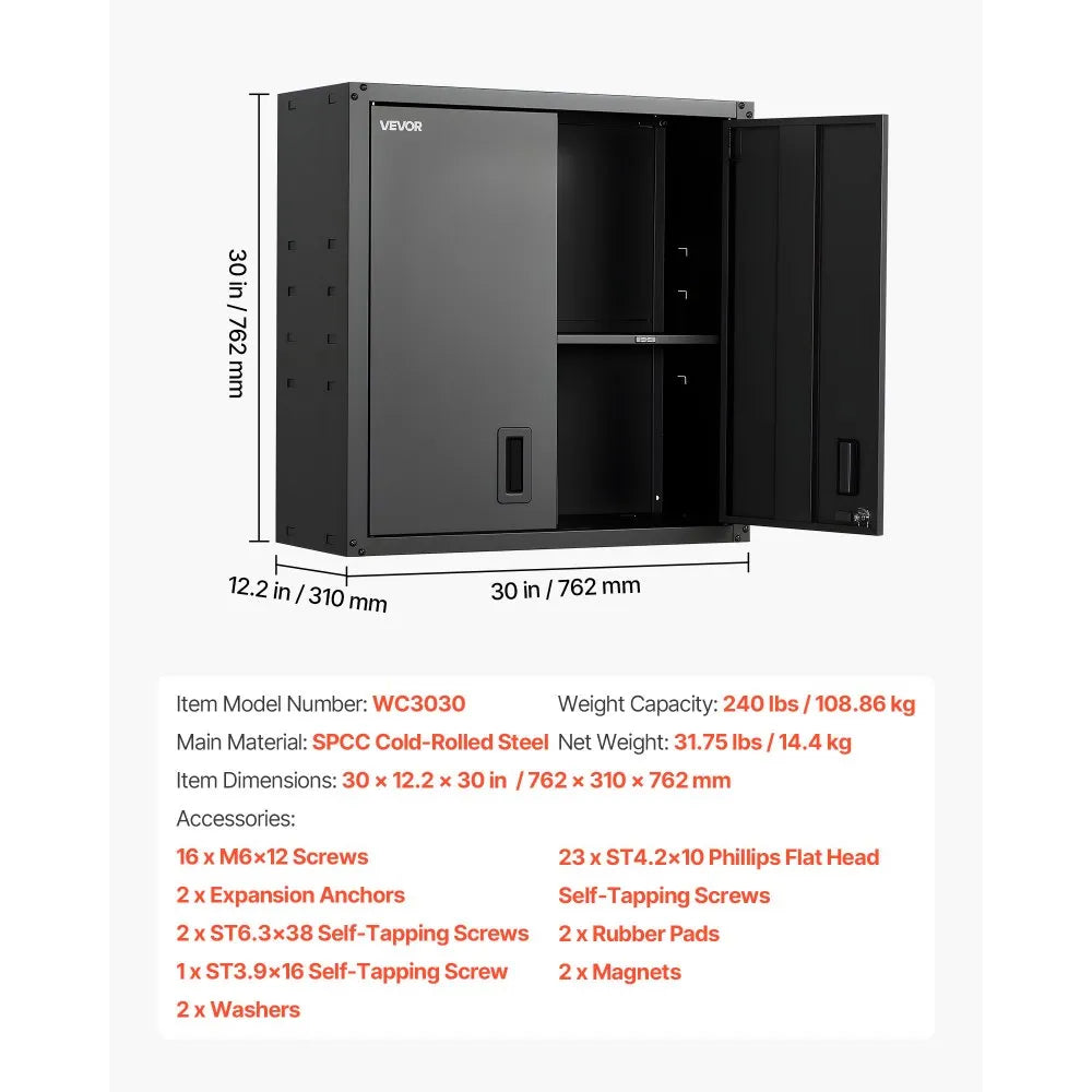 VEVOR Metal Wall Cabinet, 30W x 12.2D x 30H Inch, Steel Floating Hanging Storage Cabinet with Locking Doors and Adjustable Shelf for Garage, Basement, Kitchen, Warehouse Assembly Required, Black