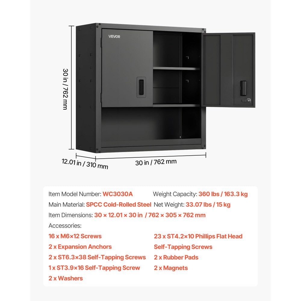 VEVOR Metal Wall Cabinet, 30W x 12.01D x 30H Inch, Steel Floating Hanging Storage Cabinet with Locking Doors and Adjustable Shelf for Garage, Basement, Kitchen, Warehouse Assembly Required, Black
