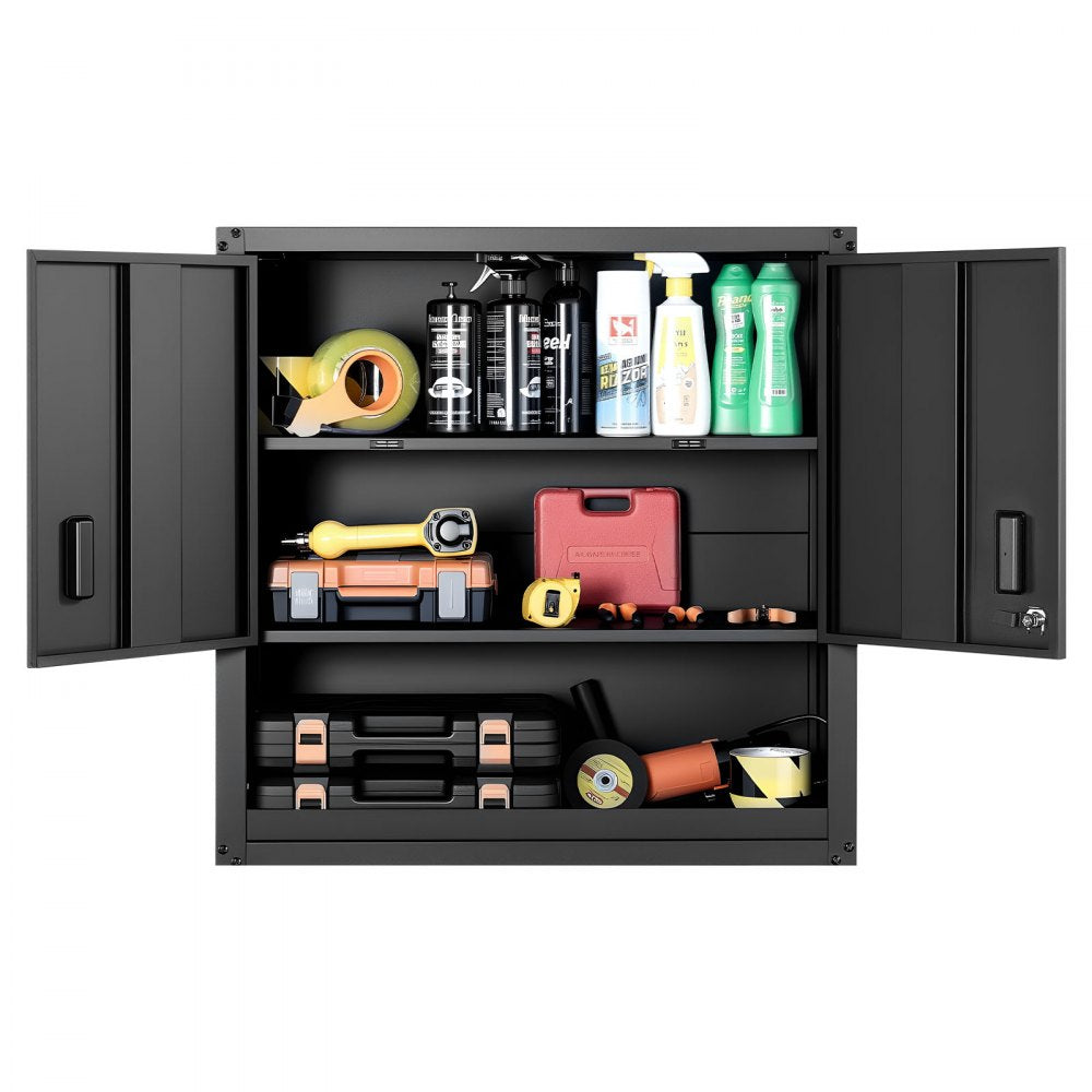 VEVOR Metal Wall Cabinet, 30W x 12.01D x 30H Inch, Steel Floating Hanging Storage Cabinet with Locking Doors and Adjustable Shelf for Garage, Basement, Kitchen, Warehouse Assembly Required, Black