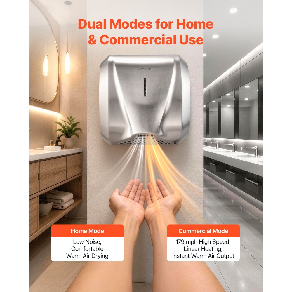 VEVOR Hand Dryer, 2 Pack 1800W Bathroom Air Hand Dryer, Automatic High Speed with HEPA Filter, Fast Drying, Brushed Stainless Steel, AC110-120V Commercial Wall Mounted for Restroom, Hotel, Office,Home