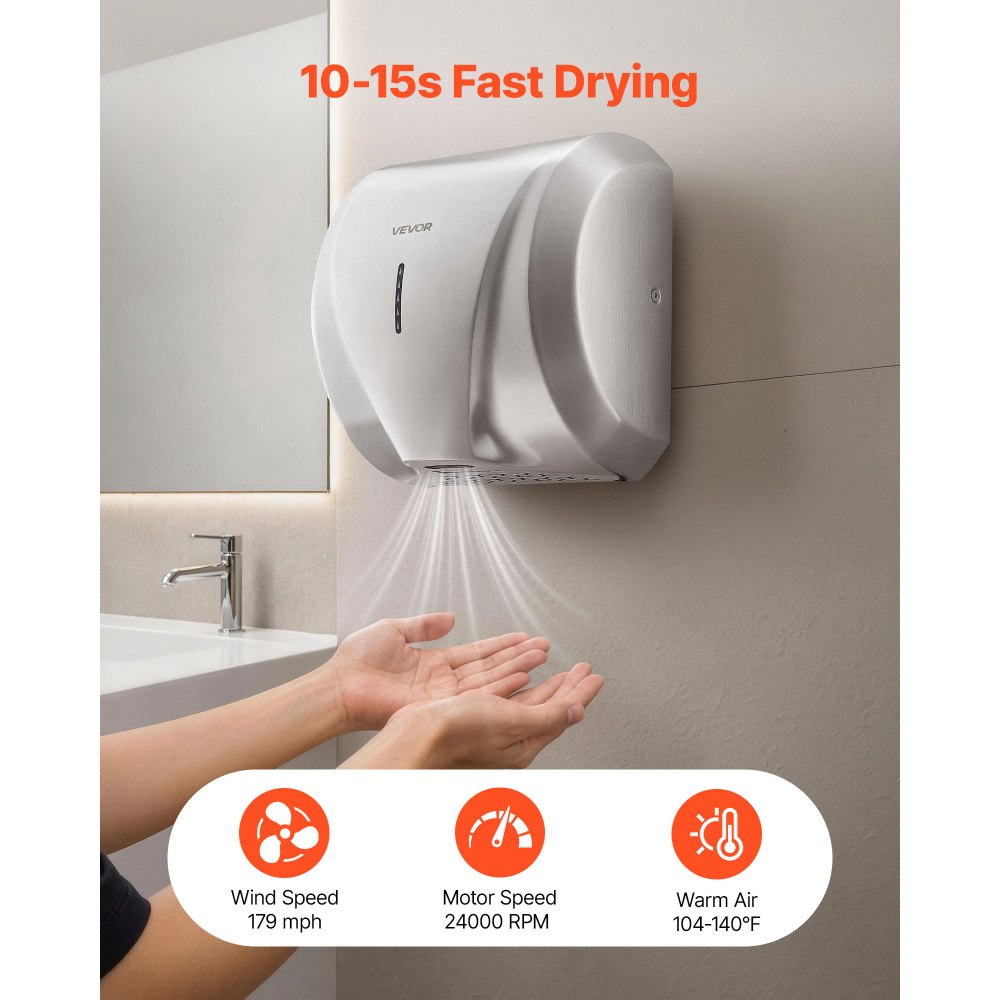 VEVOR Hand Dryer, 1800W Bathroom Air Hand Dryer, Automatic High Speed with HEPA Filter, Fast Drying, Heavy Duty Brushed Stainless Steel, AC110-120V Commercial Wall Mounted for Restroom, Hotel, Office