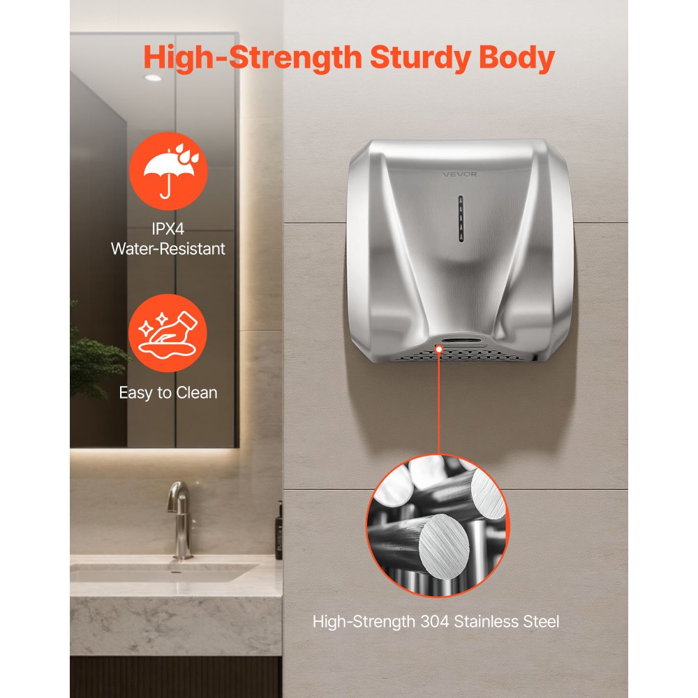 VEVOR Hand Dryer, 1800W Bathroom Air Hand Dryer, Automatic High Speed with HEPA Filter, Fast Drying, Heavy Duty Brushed Stainless Steel, AC110-120V Commercial Wall Mounted for Restroom, Hotel, Office