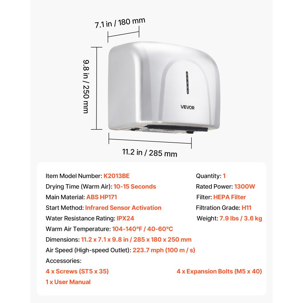 VEVOR Hand Dryer, 1300W Bathroom Air Hand Dryer, Automatic High Speed with HEPA Filter, Fast Drying, Premium ABS Construction, AC110-120V Commercial Wall Mounted for Home Bathroom, Guest Room,Homestay