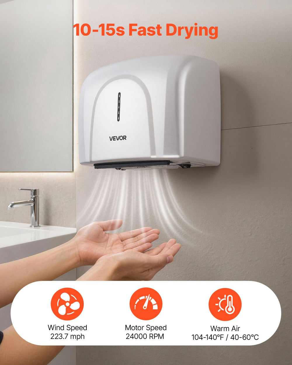 VEVOR Hand Dryer, 1300W Bathroom Air Hand Dryer, Automatic High Speed with HEPA Filter, Fast Drying, Premium ABS Construction, AC110-120V Commercial Wall Mounted for Home Bathroom, Guest Room,Homestay