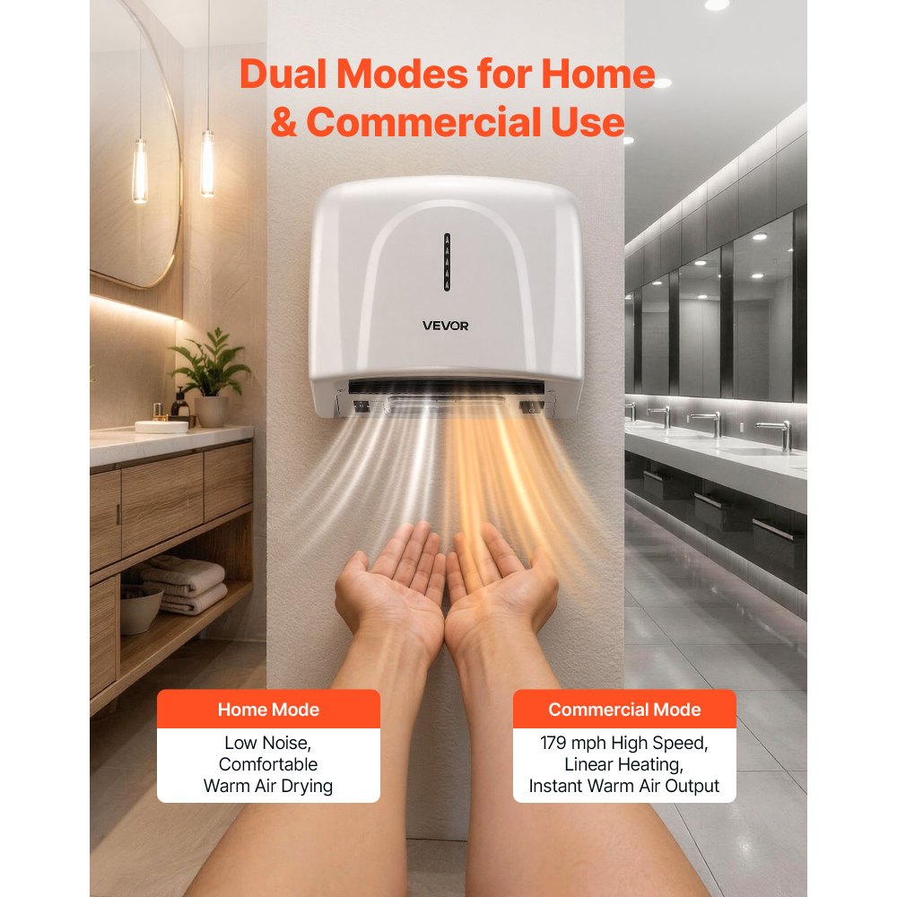 VEVOR Hand Dryer, 2 Pack 1300W Bathroom Air Hand Dryer, Automatic High Speed with HEPA Filter, Fast Drying, ABS Construction, AC110-120V Commercial Wall Mounted for Home Bathroom, Guest Room,Homestay