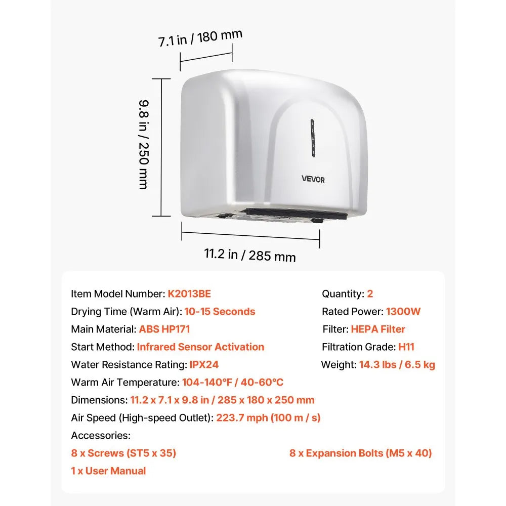 VEVOR Hand Dryer, 2 Pack 1300W Bathroom Air Hand Dryer, Automatic High Speed with HEPA Filter, Fast Drying, ABS Construction, AC110-120V Commercial Wall Mounted for Home Bathroom, Guest Room,Homestay