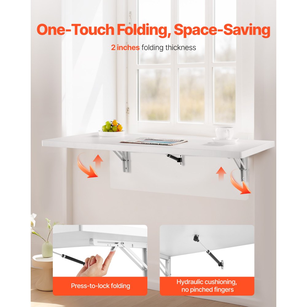 VEVOR Wall Mounted Folding Table, 39.4 x 19.7 inches Wall Mount Table, Floating Desk with Iron Bracket, Fold Down Desk for Small Spaces, Home Office, Dining, Laundry Room, Kitchen, Bar, White