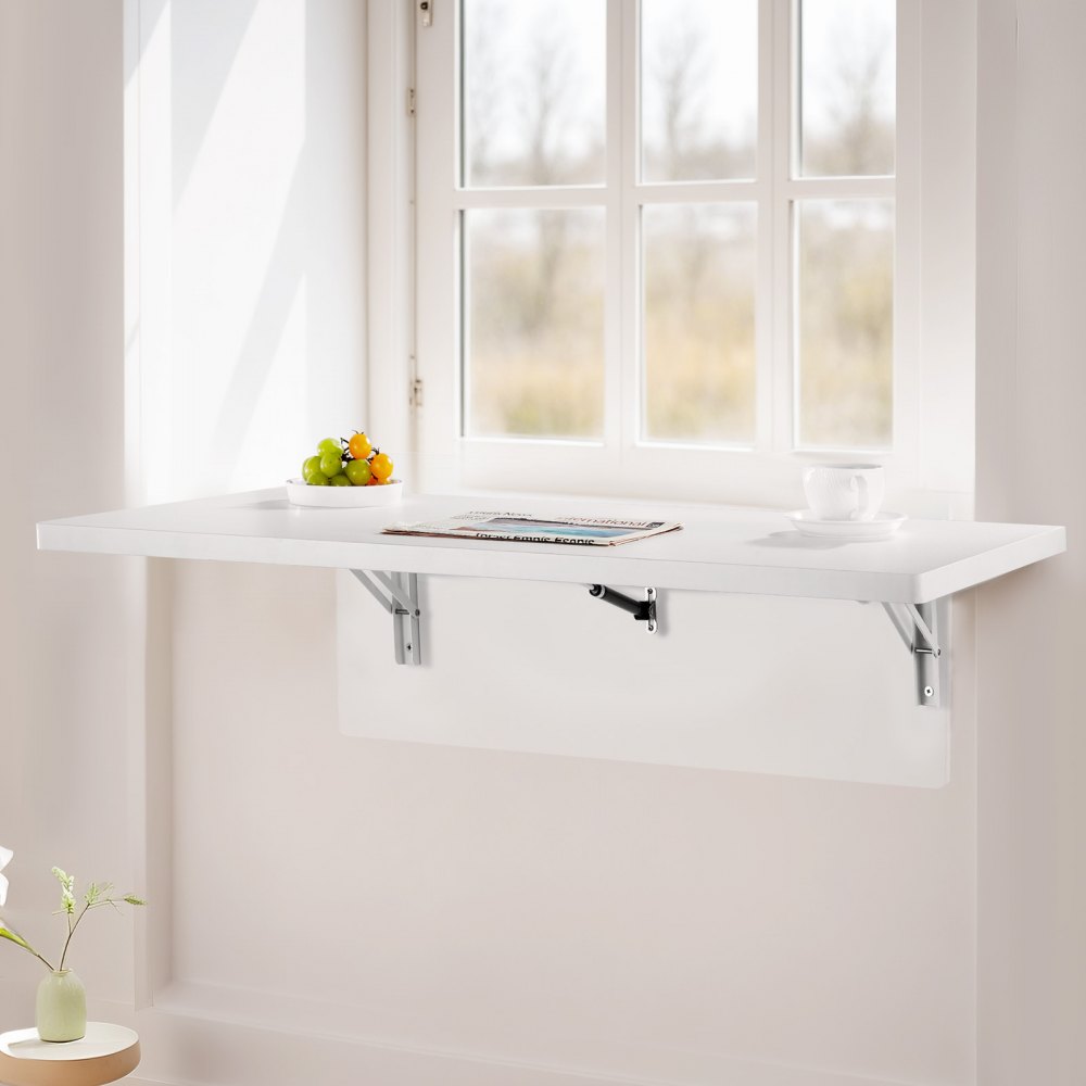 VEVOR Wall Mounted Folding Table, 39.4 x 19.7 inches Wall Mount Table, Floating Desk with Iron Bracket, Fold Down Desk for Small Spaces, Home Office, Dining, Laundry Room, Kitchen, Bar, White