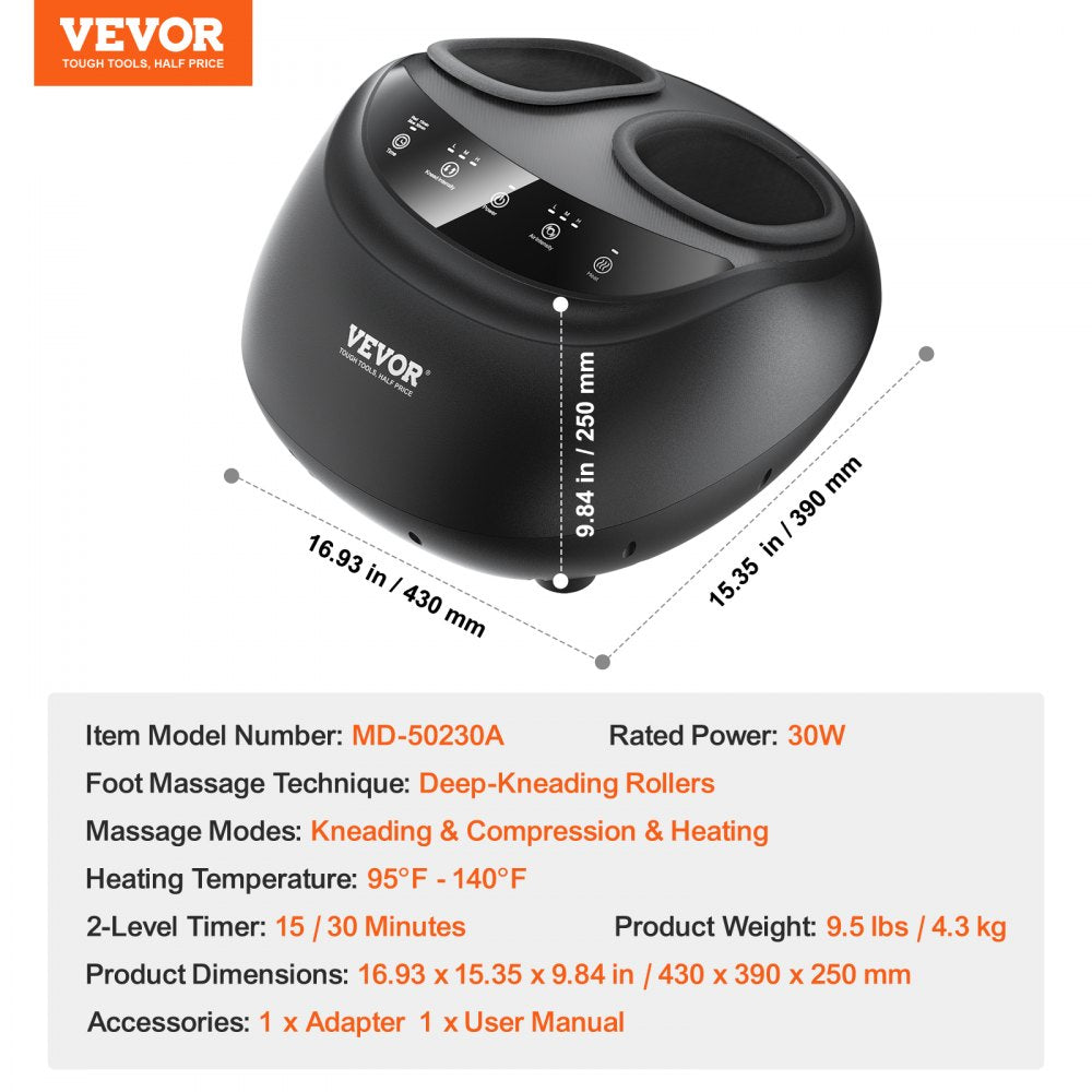 VEVOR Foot Massager Machine with Heat, Deep-Kneading, Compression, and Shiatsu for Plantar Fasciitis, Neuropathy, Gifts for Men, Women - Fits up to Men Size 12