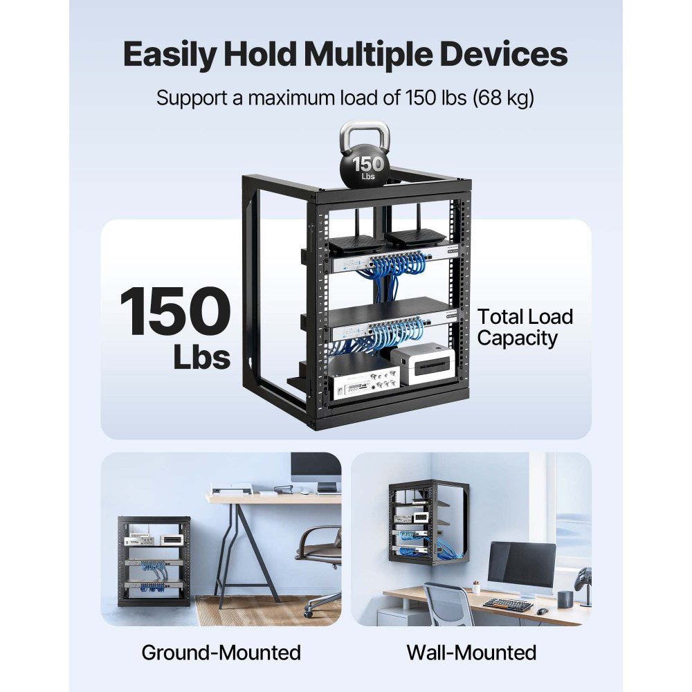 VEVOR 12U Wall Mount Server Rack, 150 lbs Max Load Capacity, Open Frame Network Rack with 180 Degrees Gate Swing, Carbon Steel, for 19-Inch IT Network Equipment & AV Devices Computer Server, Black