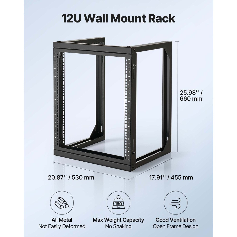 VEVOR 12U Wall Mount Server Rack, 150 lbs Max Load Capacity, Open Frame Network Rack with 180 Degrees Gate Swing, Carbon Steel, for 19-Inch IT Network Equipment & AV Devices Computer Server, Black