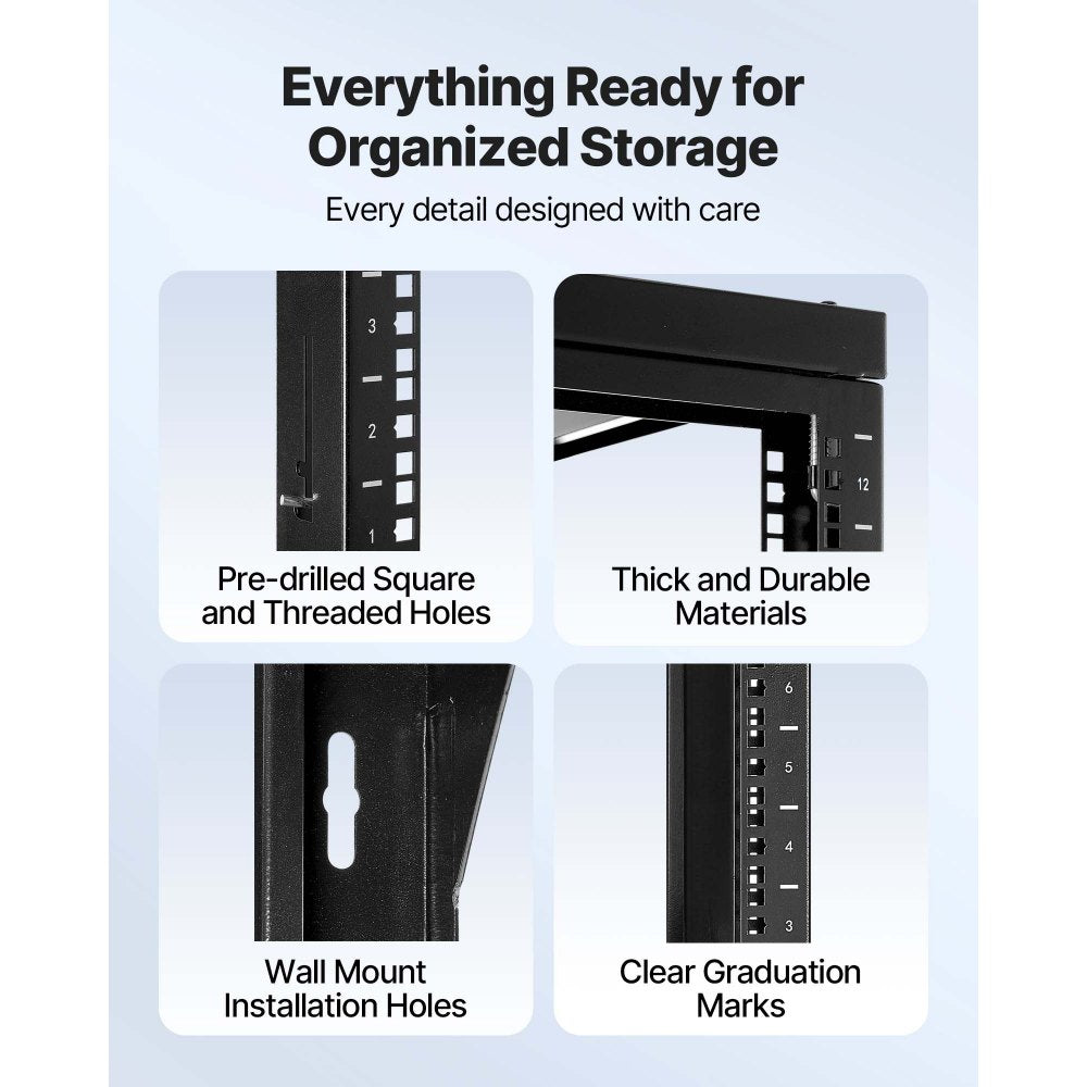 VEVOR 12U Wall Mount Server Rack, 150 lbs Max Load Capacity, Open Frame Network Rack with 180 Degrees Gate Swing, Carbon Steel, for 19-Inch IT Network Equipment & AV Devices Computer Server, Black