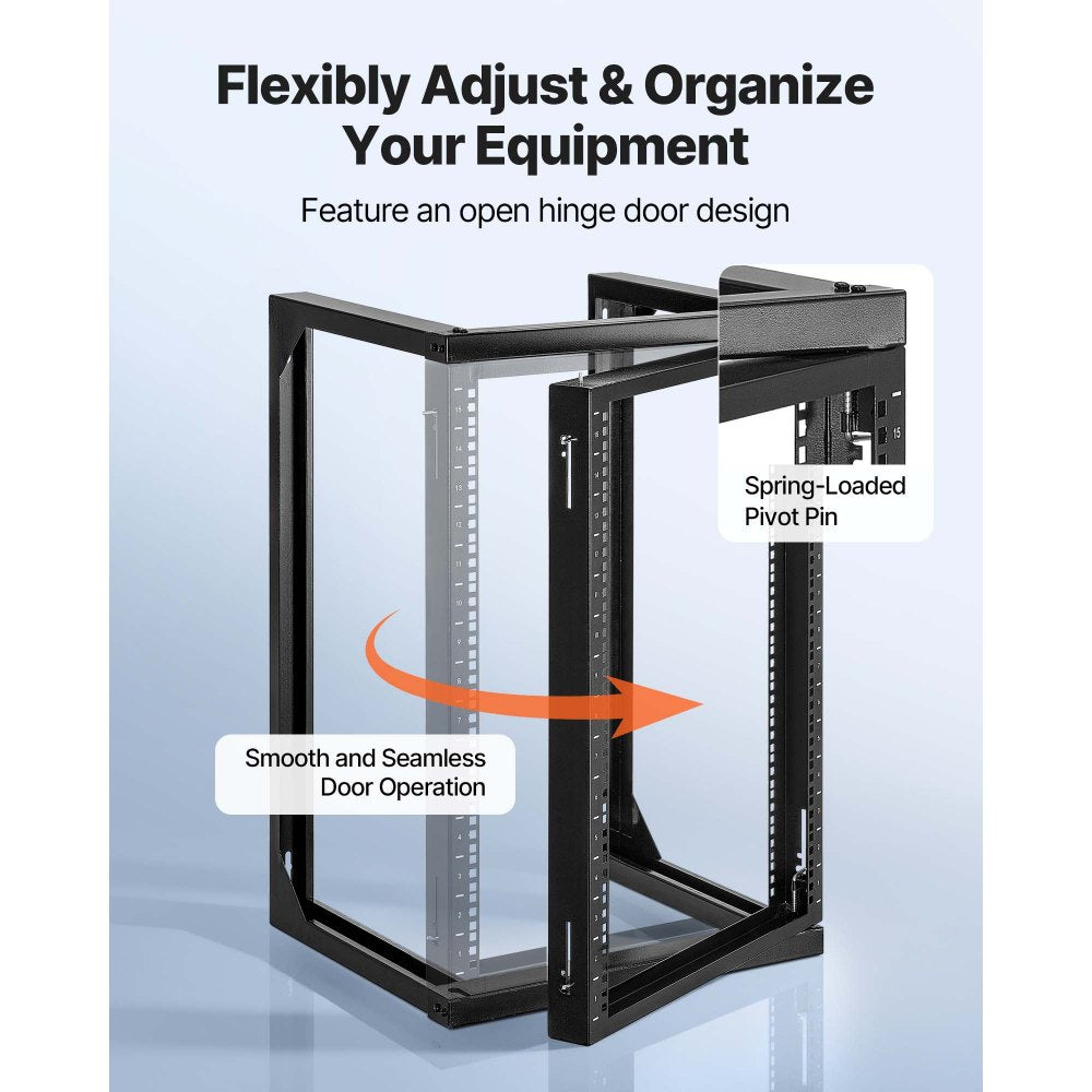 VEVOR 15U Wall Mount Server Rack, 150 lbs Max Load Capacity, Open Frame Network Rack with 180 Degrees Gate Swing, Carbon Steel, for 19-Inch IT Network Equipment & AV Devices Computer Server, Black