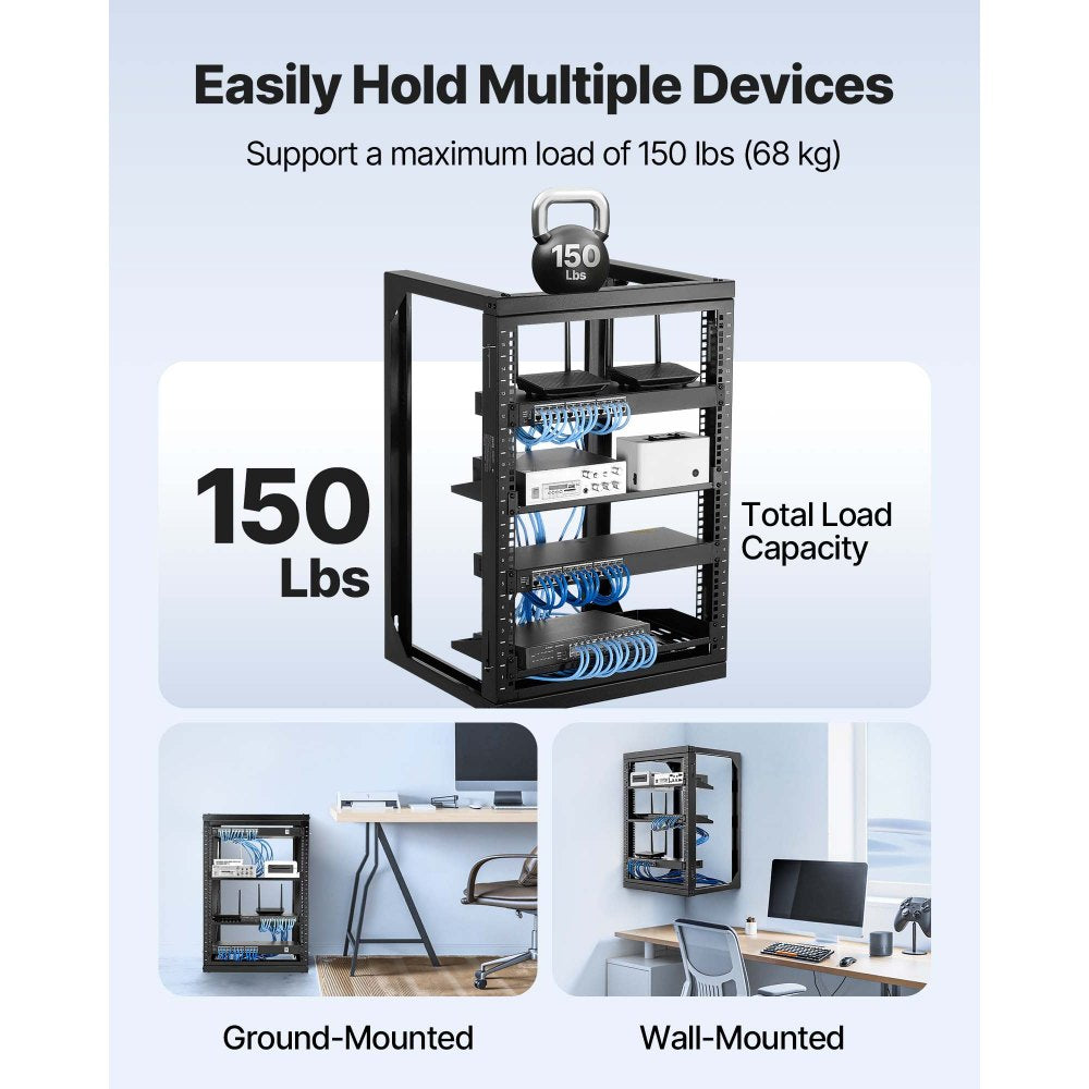 VEVOR 15U Wall Mount Server Rack, 150 lbs Max Load Capacity, Open Frame Network Rack with 180 Degrees Gate Swing, Carbon Steel, for 19-Inch IT Network Equipment & AV Devices Computer Server, Black