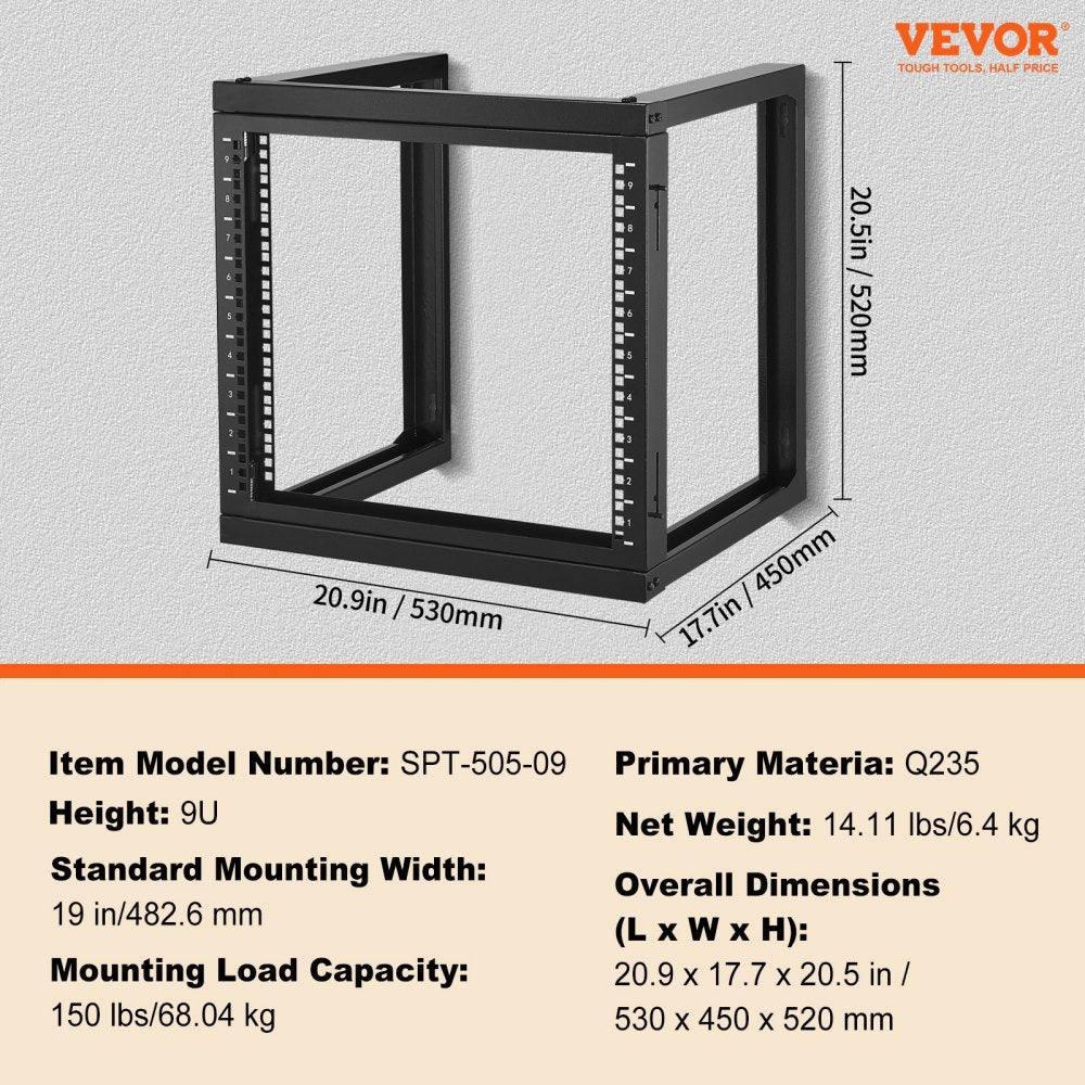 VEVOR 9U Wall Mount Rack, 150 lbs/68.04 kg Max Load Capacity, Open Frame Server Network Rack with Cage Nuts Screws, Carbon Steel 20.9 x 17.7 x 20.5" for 19"/482.6 mm AV & Server IT Equipment, Black