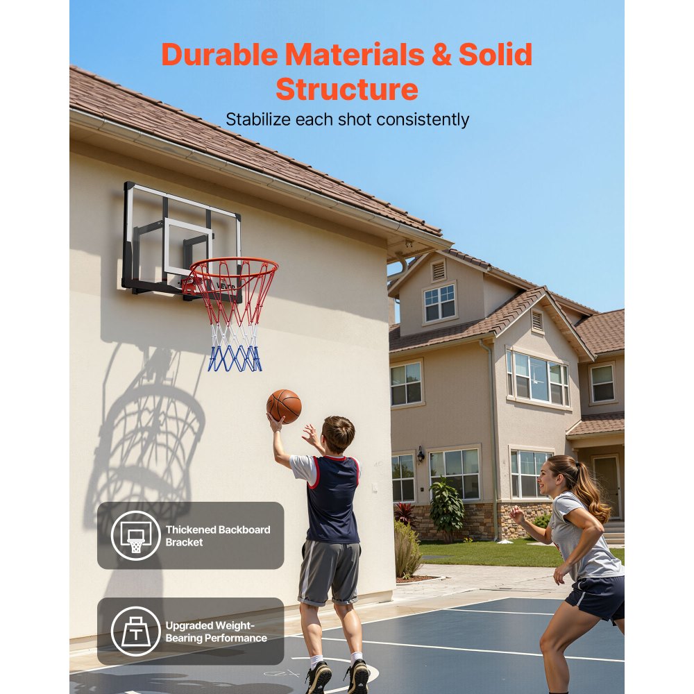 VEVOR Wall Mount Basketball Hoop, 44-inch PC Backboard Mounted Basketball Hoop Outdoor with Solid Steel, 0.08 inch Thickened Backboard, Thickened Woven Nylon Basketballs Net, Indoor & Outdoor Use