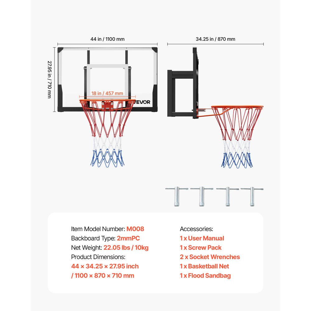 VEVOR Wall Mount Basketball Hoop, 44-inch PC Backboard Mounted Basketball Hoop Outdoor with Solid Steel, 0.08 inch Thickened Backboard, Thickened Woven Nylon Basketballs Net, Indoor & Outdoor Use