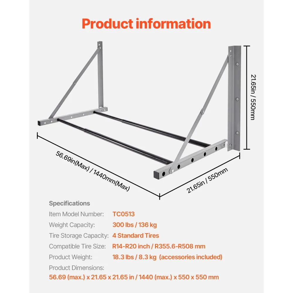 VEVOR Wall Mounted Folding Tire Rack, 32" - 48" Adjustable Tire Rack, Q235 Heavy-Duty Steel Tire Storage Rack for R14-R20 inch Standard Tires, Max 300lbs Load Capacity for Garage Workshop Repair Shop
