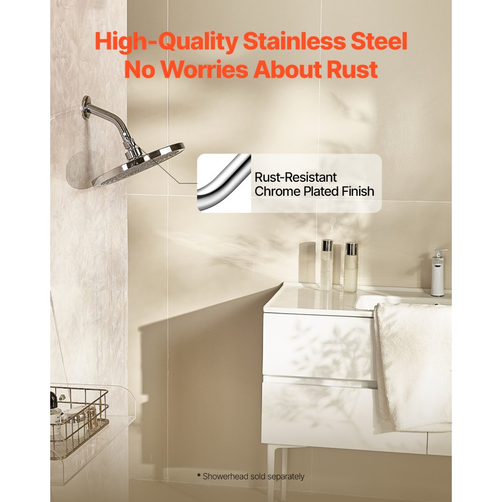 VEVOR Shower Arm with Flange, 6 Inches, Wall Mounted Stainless Steel Shower Head Arm Extender, Chrome Finish, PTFE Tape, G1/2 Universal Thread Connector Compatible, for Fixed & Handheld Showerhead