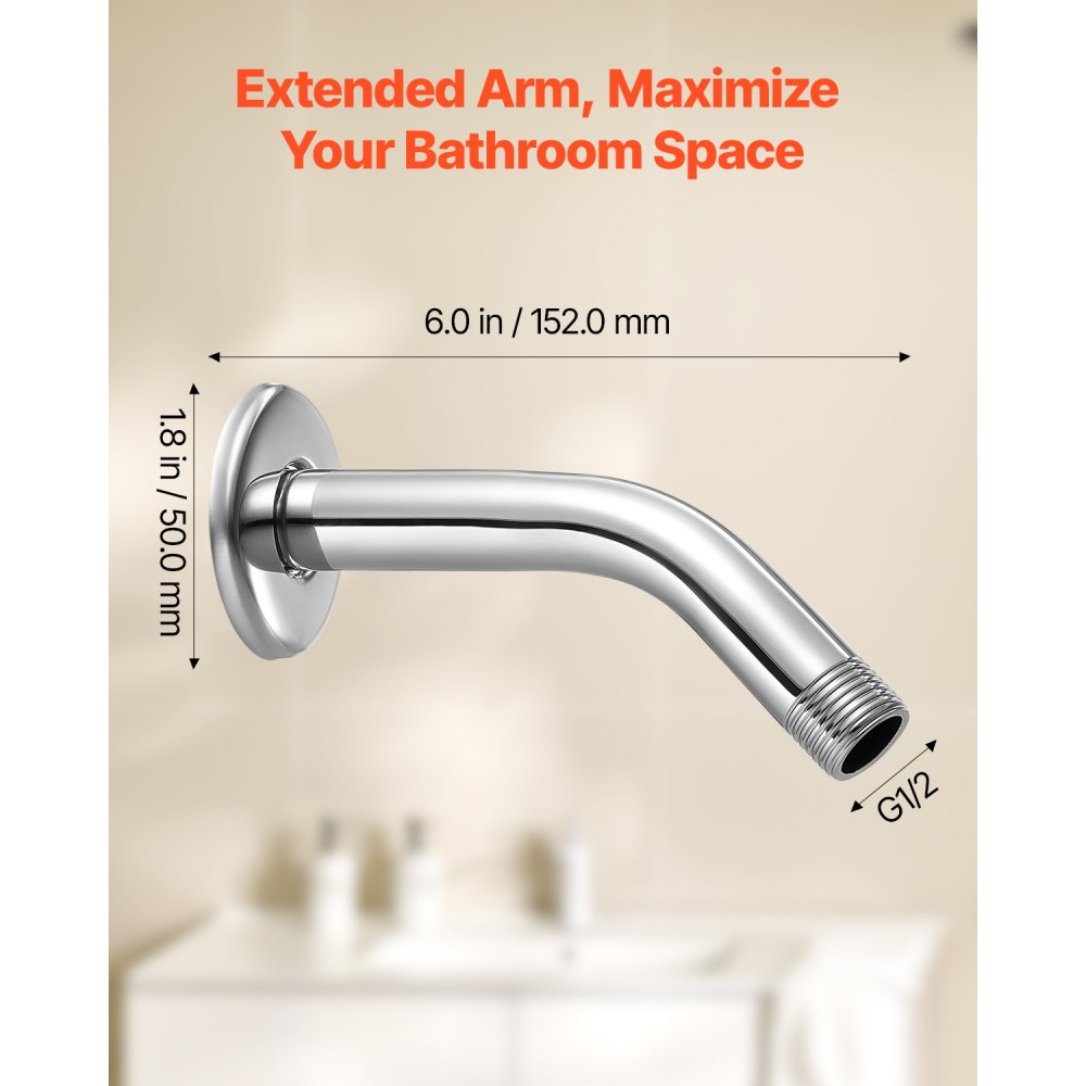 VEVOR Shower Arm with Flange, 6 Inches, Wall Mounted Stainless Steel Shower Head Arm Extender, Chrome Finish, PTFE Tape, G1/2 Universal Thread Connector Compatible, for Fixed & Handheld Showerhead
