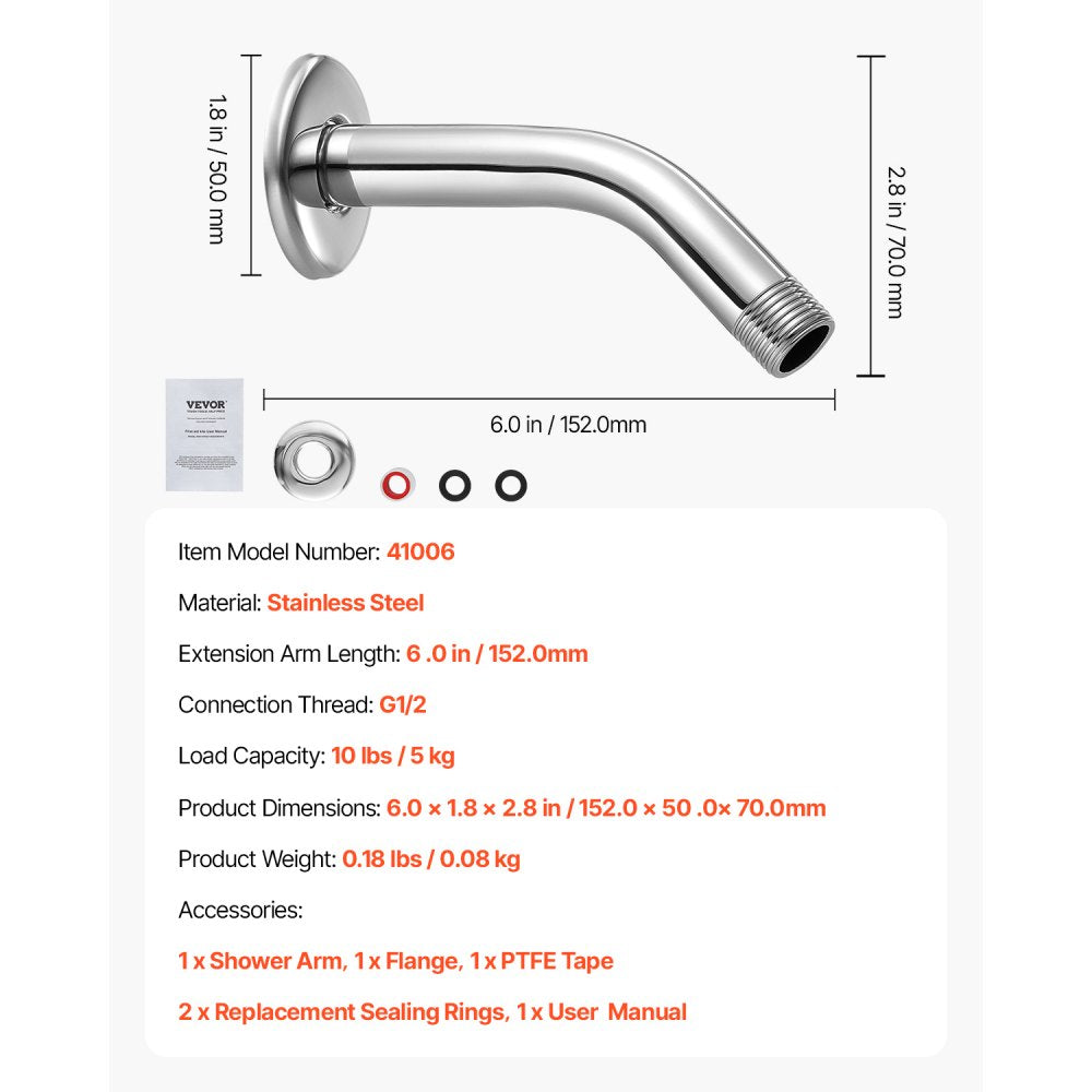 VEVOR Shower Arm with Flange, 6 Inches, Wall Mounted Stainless Steel Shower Head Arm Extender, Chrome Finish, PTFE Tape, G1/2 Universal Thread Connector Compatible, for Fixed & Handheld Showerhead