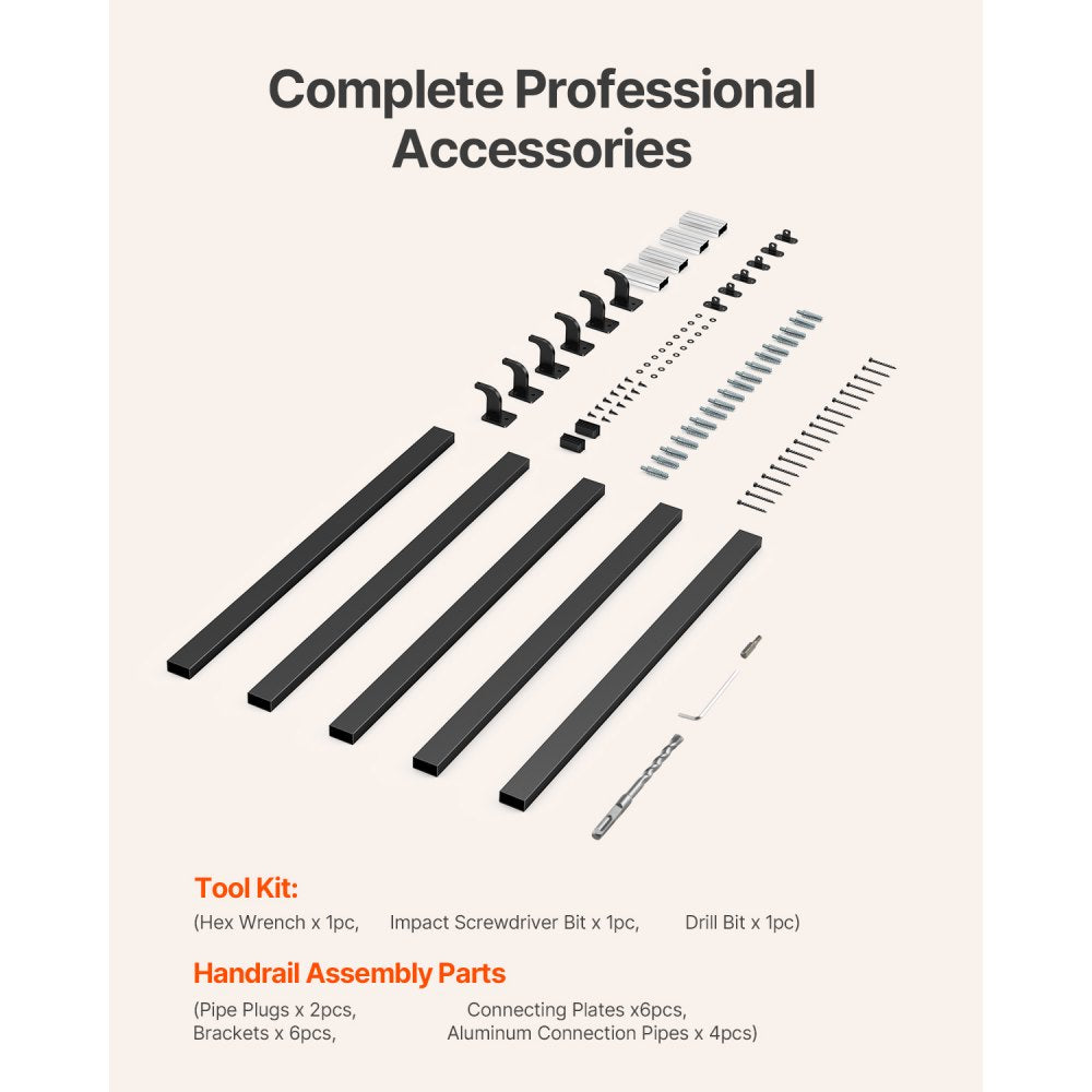 VEVOR Wall Mounted Stair Handrail, 15ft Black Aluminum Staircase Handrail Indoor, 250lbs Load Capacity, Industrial Railing Hand Rail for Steps, Square Tube for Loft Porch Deck, 6 Sections