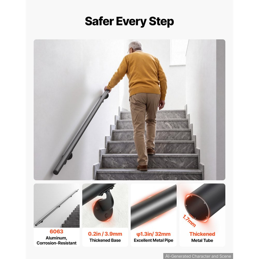 VEVOR Wall-Mounted Stair Handrail, 10 ft 250 lbs Load Black Metal Railing, for Indoor Steps, Loft, Porch & Hallways, Heavy-Duty Industrial Aluminum Alloy Hand Rail, Round Tube, with Mounting Hardware