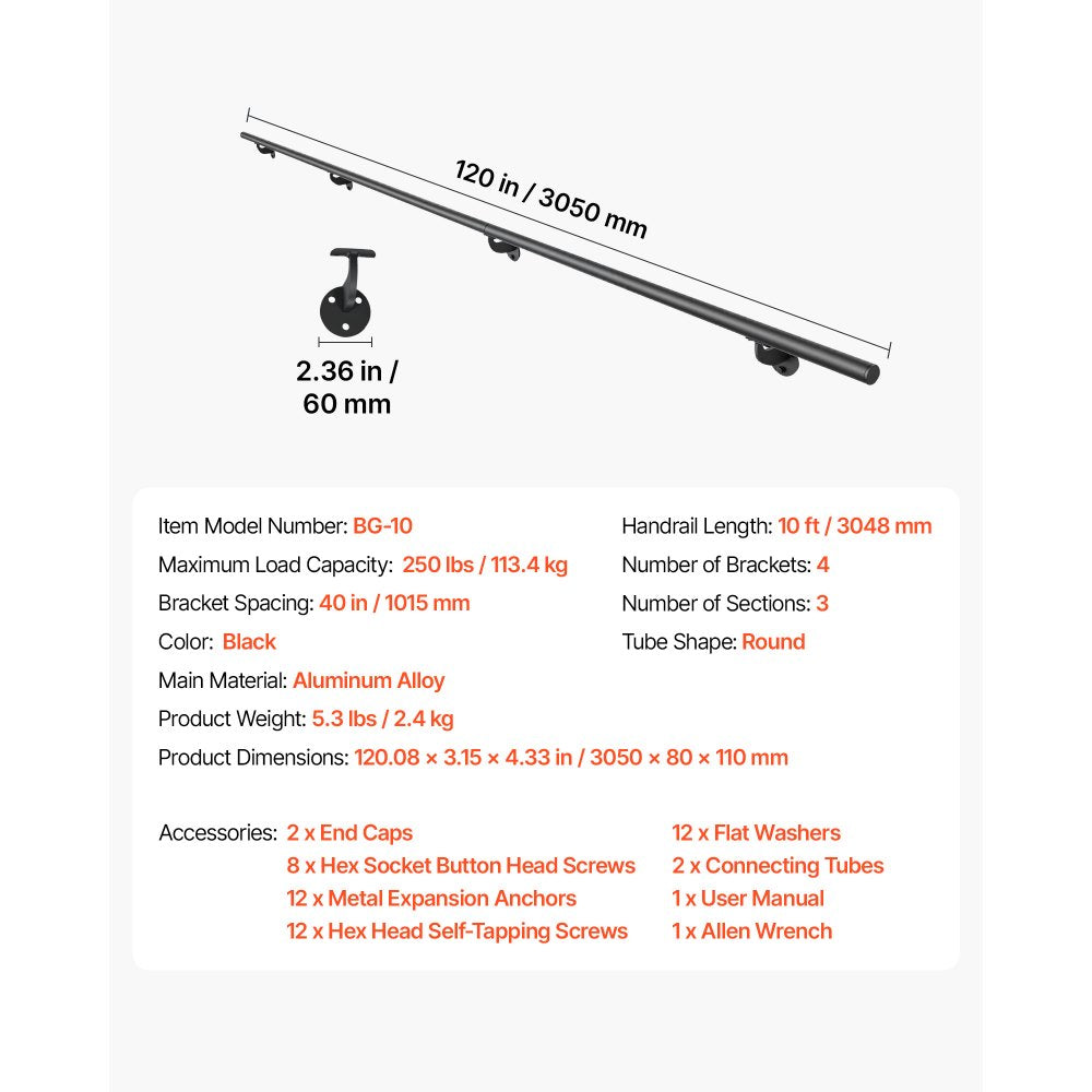 VEVOR Wall-Mounted Stair Handrail, 10 ft 250 lbs Load Black Metal Railing, for Indoor Steps, Loft, Porch & Hallways, Heavy-Duty Industrial Aluminum Alloy Hand Rail, Round Tube, with Mounting Hardware