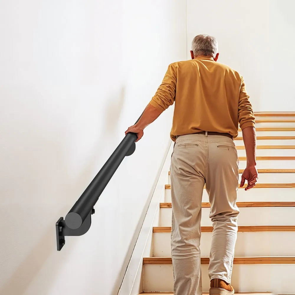 VEVOR Wall Mounted Stair Handrail, 12ft Pipe Staircase Handrail, Black Galvanized Aluminum, 1.26 inch Pipe Diameter, Indoor&Outdoor Staircase Railing,Industrial Hand Rail for Steps,Security Baluster