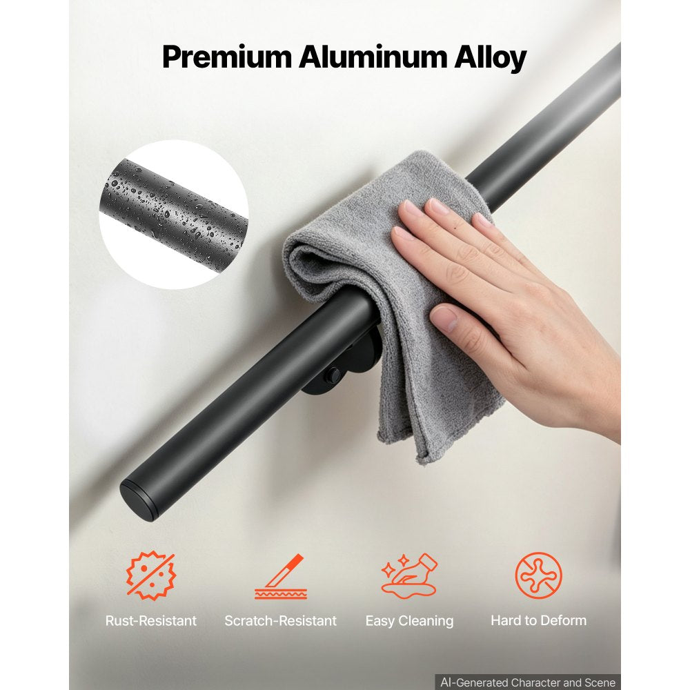 VEVOR Wall-Mounted Stair Handrail, 12 ft 250 lbs Load Black Metal Railing, for Indoor Steps, Loft, Porch & Hallways, Heavy-Duty Industrial Aluminum Alloy Hand Rail, Round Tube, with Mounting Hardware