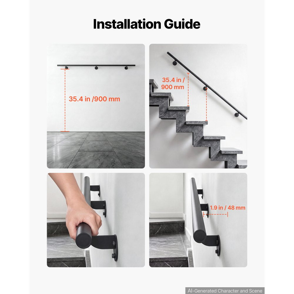 VEVOR Wall-Mounted Stair Handrail, 5 ft 250 lbs Load Black Metal Railing, for Indoor Steps, Loft, Porch & Hallways, Heavy-Duty Industrial Aluminum Alloy Hand Rail, Round Tube, with Mounting Hardware