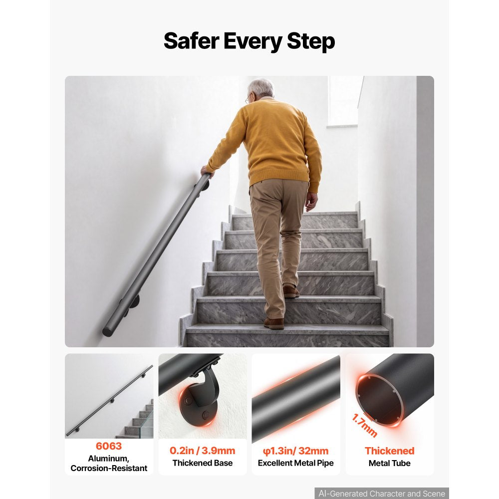 VEVOR Wall-Mounted Stair Handrail, 6 ft 250 lbs Load Black Metal Railing, for Indoor Steps, Loft, Porch & Hallways, Heavy-Duty Industrial Aluminum Alloy Hand Rail, Round Tube, with Mounting Hardware