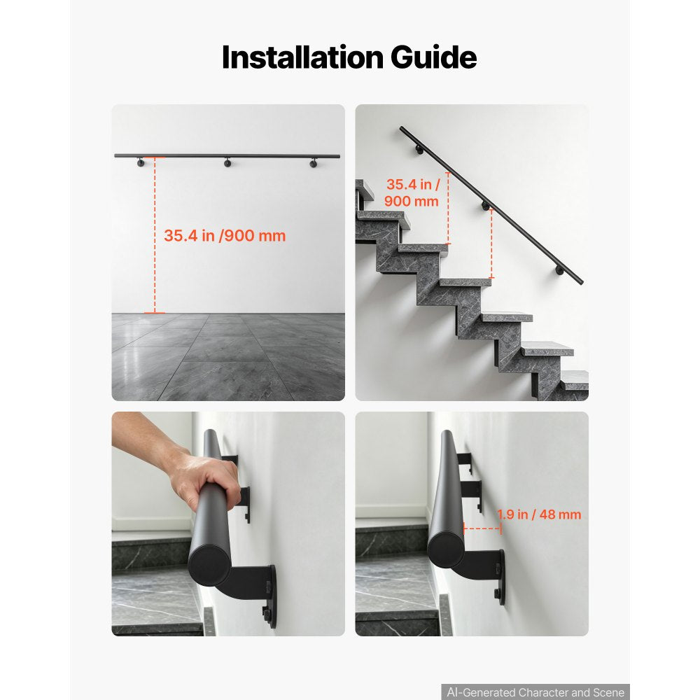 VEVOR Wall-Mounted Stair Handrail, 6 ft 250 lbs Load Black Metal Railing, for Indoor Steps, Loft, Porch & Hallways, Heavy-Duty Industrial Aluminum Alloy Hand Rail, Round Tube, with Mounting Hardware