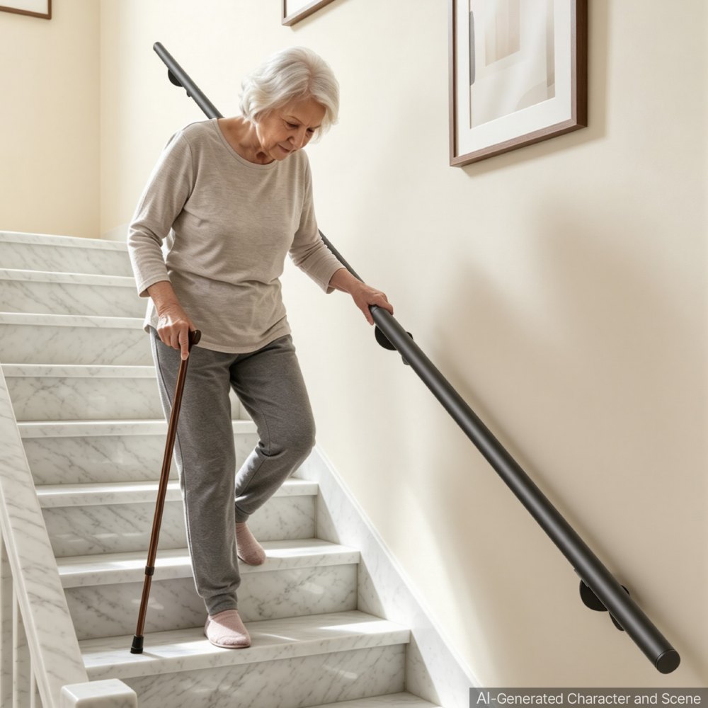 VEVOR Wall-Mounted Stair Handrail, 6 ft 250 lbs Load Black Metal Railing, for Indoor Steps, Loft, Porch & Hallways, Heavy-Duty Industrial Aluminum Alloy Hand Rail, Round Tube, with Mounting Hardware