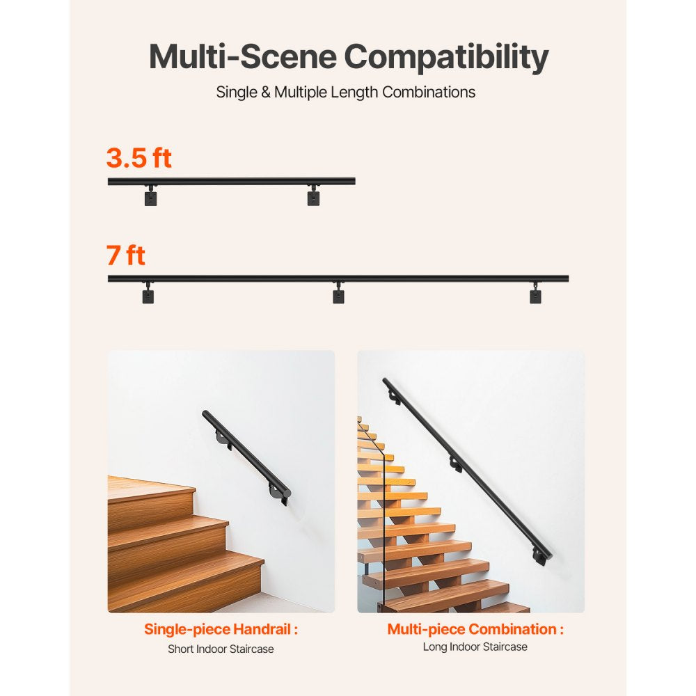 VEVOR Wall Mounted Stair Handrail, 7ft Pipe Staircase Handrail, Black Galvanized Aluminum, 1.26 inch Pipe Diameter, Indoor&Outdoor Staircase Railing,Industrial Hand Rail for Steps,Security Baluster